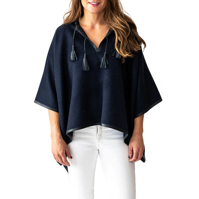 Leather Trim Tassel Alpaca Poncho - Navy - Two Hearts Equine Boutique