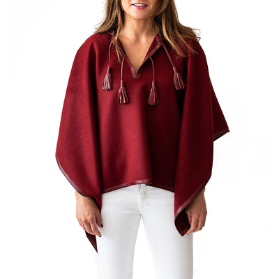 Leather Trim Tassel Alpaca Poncho - Burgundy - Two Hearts Equine Boutique